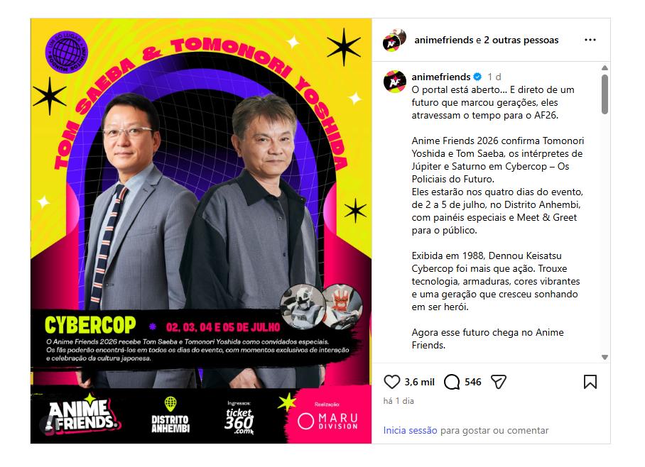 Atores de Cybercop irão estar no Anime Friends 2026